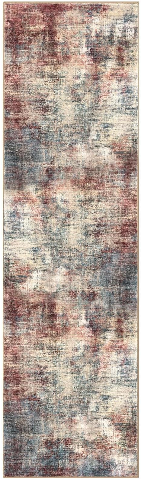 IOHOUZE Abstract Runner Rug 2x7 Ft Washable Runners for Hallways, Non Slip Kitchen Runner Printed Faux Wool Entryway Runners Indoor, Modern Abstract Floor Carpet for Hall Kitchen Bedroom, Red/Multi