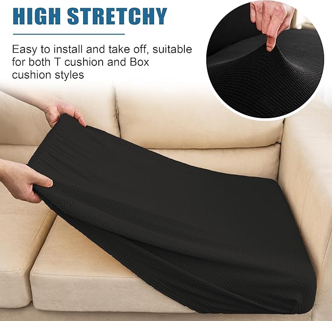 SICHOWEL Water-Repellent Sofa Cushion Covers Jacquard High Stretch Fabric Chair Cushion Furniture Protector for Living Room, Washable Sofa Seat Slipcover, 1 Seater (Small, Black) (1)