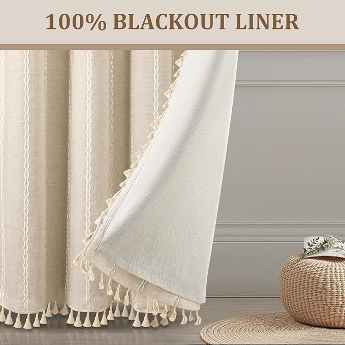 Boho Blackout Curtains 96 Inches Long Beige Linen Blend 2 Panels with Tassels and Cotton Embroidery, Farmhouse Vintage Rustic Rod Pocket Drapes for Living Room or Bedroom