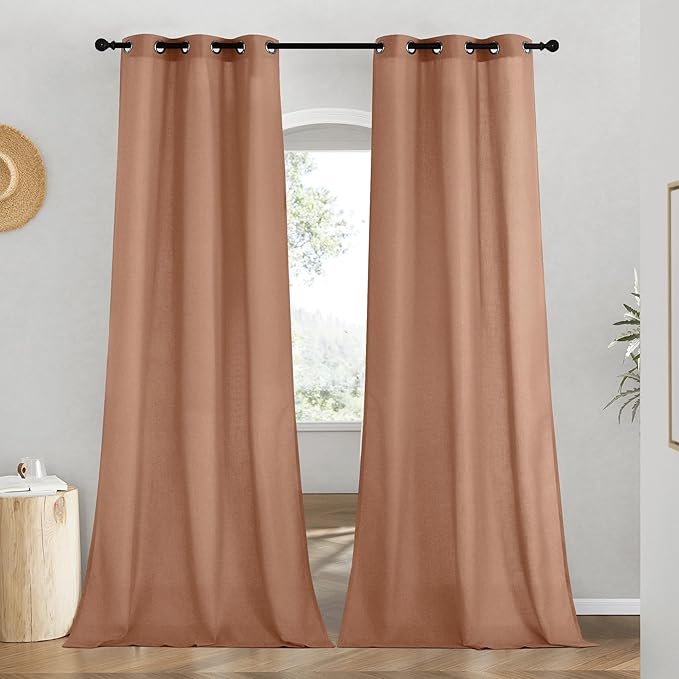 NICETOWN Rustic Linen 96 inch Long Curtains for Living Room, Grommet Privacy Added Thick Linen Weave with Light Filter Window Curtains & Drapes for Bedroom, Terracotta, W42 x L96, 2 Panels