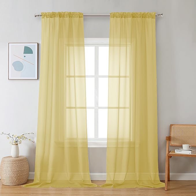 Chyhomenyc Mustard Yellow Sheer Curtains 108 Inches Long - Light Filtering Elegant Voile Extra Long Panel Drapes for Living Room Floor to Ceiling Window, Each 42Wx108L Inch, 9FT, 2 Panels