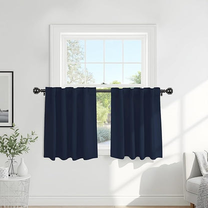 PONY DANCE Small Window Curtains - 36 inch Length Short Kitchen Curtain Tiers Rod Pocket Blackout Panels for Basement/Bedroom, W 42" x L 36", Navy Blue, 2 Pieces