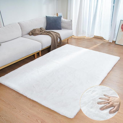 ORINOVA White Faux Rabbit Fluffy Fur Area Rugs for Bedroom Living Room Machine Washable Shag Rug 4x6 Nursery Rug Teen Room Decor