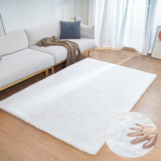 ORINOVA White Faux Rabbit Fluffy Fur Area Rugs for Bedroom Living Room Machine Washable Shag Rug 4x6 Nursery Rug Teen Room Decor