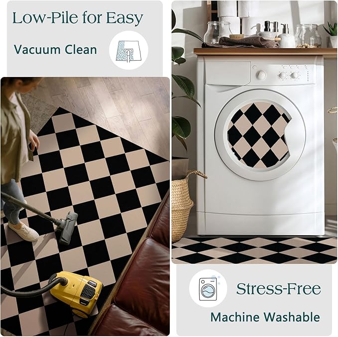 Front Door Mat Indoor Entrance - 2x4.3 Ft Black Tan Non-Slip Washable Outdoor Porch Rug Doormats Geometric Checkered Diamond Layered Rug for Front Door Kitchen Hallway Bedroom Laundry Room