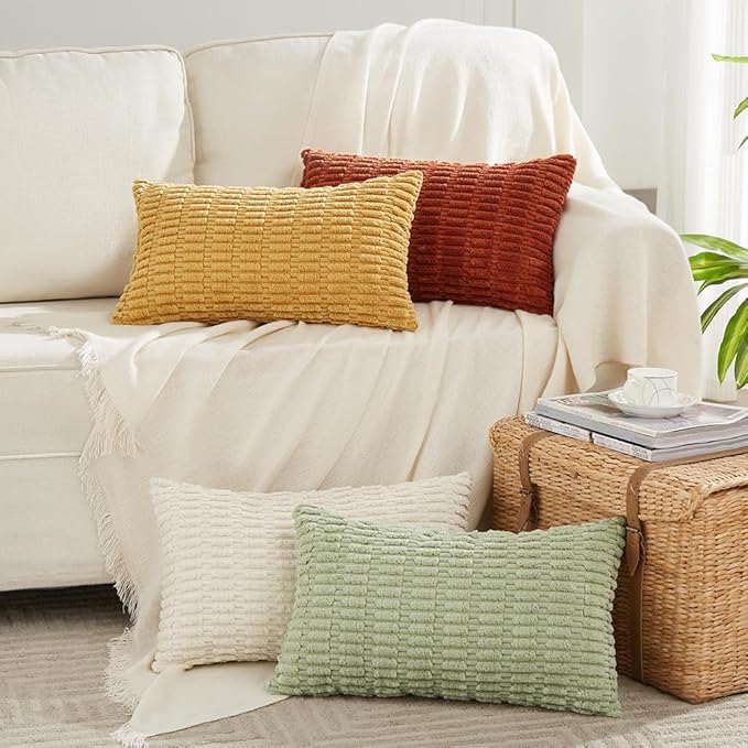 Fancy Homi 4 Packs Fall Boho Long Lumbar Decorative Throw Pillow Covers 16x24 Inch for Couch Bed Sofa, Aesthetic Modern Farmhouse Home Decor, Soft Striped Corduroy Rectangle Cushion Case 40x60 cm