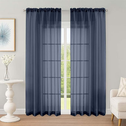 OWENIE Sheer Curtains 84 Inches Long 2 Panels Set, Sheer Navy Blue Curtains for Living Room Bedroom 59 Inch Extra Wide, Modern Voile Filmy Rod Pocket Drapes, 2 Pcs, Each 59 W x 84L, Navy Blue