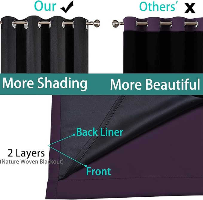 Yakamok 100% Blackout Curtains 96 Inches Long, 2 Thick Layers Heat and Full Light Blocking Soft Thermal Insulated Drapes for Bedroom(52" Wide Each Panel, Purple, 1 Panel)