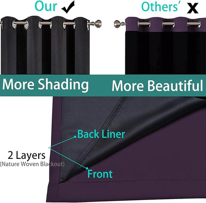 Yakamok 100% Blackout Curtains 96 Inches Long, 2 Thick Layers Heat and Full Light Blocking Soft Thermal Insulated Drapes for Bedroom(52" Wide Each Panel, Purple, 1 Panel)