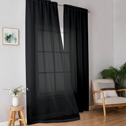 Simplebrand Black Sheer Curtains 84 Inches Long, Light Filtering Rod Pocket Solid Color Window Sheer Curtain Panels, Elegant Curtains & Drapes for Living Room, Bedroom 2 Panels (Black, 42" W x 84" L)