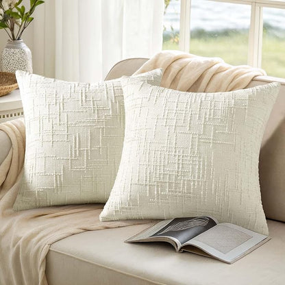 decorUhome Summer Cream White Chenille Throw Pillow Covers 16x16 Set of 2 Textured Soft Cozy Slubby Couch Pillow Covers Modern Farmhouse Boho Decorative Pillow Cases for Bed Sofa Living Room