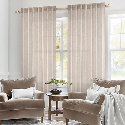 MIULEE Natural White Linen Curtains 64 Inch Length 2 Panels for Bedroom Living Room, Soft Thick Linen Textured Window Drapes Semi Sheer Light Filtering Back Tab Rod Pocket Burlap Look Decor