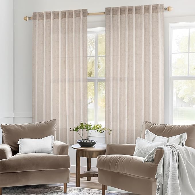 MIULEE Natural White Linen Curtains 63 Inch Length 2 Panels for Bedroom Living Room, Soft Thick Linen Textured Kitchen Window Drapes Semi Sheer Light Filtering Back Tab Rod Pocket Burlap Look Decor
