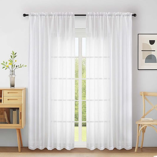 Extra Wide Sheer White Curtains 84 Inches Long 2 Panels, Soft Airy Transparent Light Filtering Elegant Patio Curtains for Sliding Glass Door, Top Dual Rod Pocket Design, 2x59Wx84L Inches