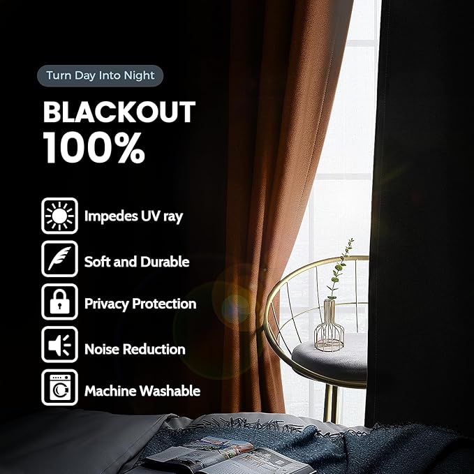 SimpleHome 100% Blackout Curtains for Bedroom,Thermal Insulated Orange Grommet Window Drapes Room Darkening Curtains for Living Room with Black Back,52 x 84 Inch,2 Panels