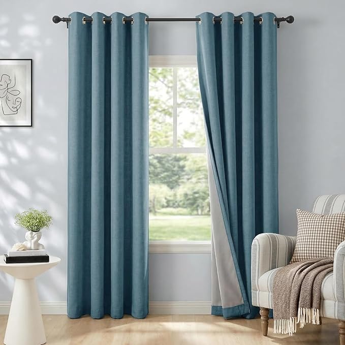 100% Blackout Shield Linen Blackout Curtains for Bedroom, Stone Blue Grommet Curtains for Living Room, Thermal Insulated Room Darkening Drapes for Nursery, Boho Home Decor, 50" W x 96" L, 2 Panels