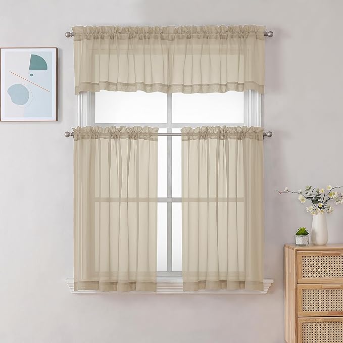 Chyhomenyc Taupe Sheer Valances for Windows - Light Filtering Small Kitchen Curtains, Rod Pocket Short Top Window Treatment Decor for Living Room Bathroom Basement, 42Wx16L inches, 2 Panels