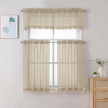 Chyhomenyc Taupe Sheer Valances for Windows - Light Filtering Small Kitchen Curtains, Rod Pocket Short Top Window Treatment Decor for Living Room Bathroom Basement, 42Wx16L inches, 2 Panels