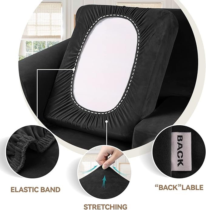 WEERRW 4 Pieces Velvet High Stretch Couch Covers for 3 Cushion Couch Sofa Slipcovers, Washable Furniture Protector with Non Slip Elastic Bottom, Feature Soft and Thick Plush Fabric, Black, Large
