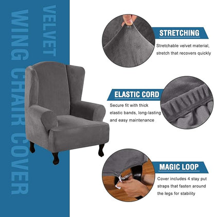 H.VERSAILTEX Wingback Chair Covers Velvet Plush Wing Chair Slipcover 1 Piece High Stretch Wing Back Chair Slipcovers Sofa Cover Furniture Cover with Elastic Bottom, Grey