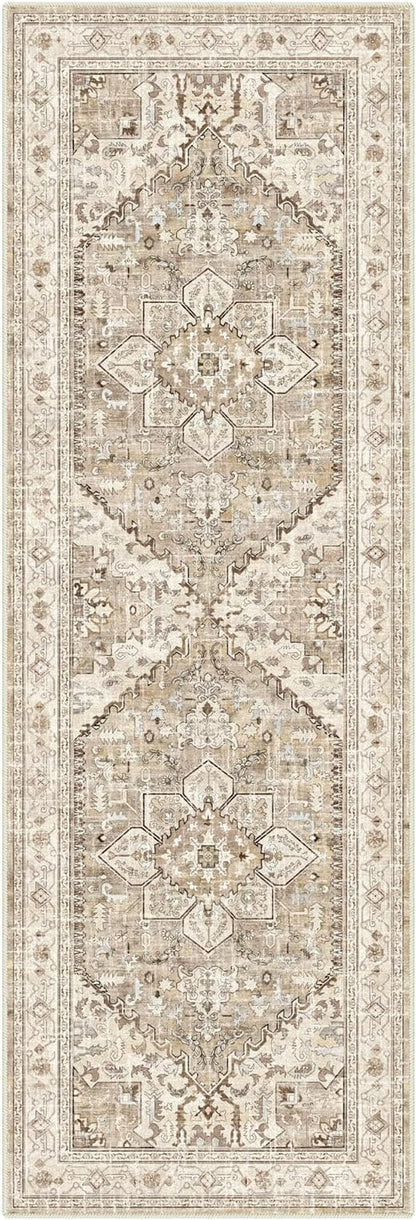 Yamaziot Washable Runner Rug, 2x6 Non-Slip Boho Vintage Hallway Rug Runner with Rubber Backing, Stain Resistant Faux Wool Distressed Carpet Runner for Kitchen, Laundry, Entrance, Beige Brown