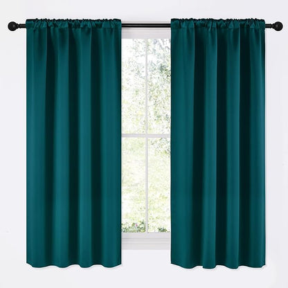 NICETOWN Teal Blackout Cafe Faux Silk Curtains for Small Windows, 42" Wide by 63" Long, 2 Panels, Rod Pocket Thermal Insulated Blackout Satin Drapes for Bedroom
