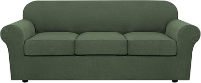 H.VERSAILTEX 4 Piece Stretch Sofa Covers for 3 Cushion Couch Covers for Living Room Furniture Slipcovers (Base Cover Plus 3 Seat Cushion Covers) Upgraded Thicker Jacquard Fabric (Sofa, Bronze Green)