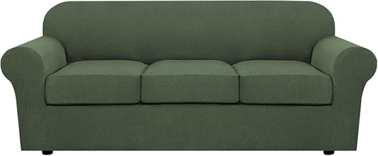 H.VERSAILTEX 4 Piece Stretch Sofa Covers for 3 Cushion Couch Covers for Living Room Furniture Slipcovers (Base Cover Plus 3 Seat Cushion Covers) Upgraded Thicker Jacquard Fabric (Sofa, Bronze Green)