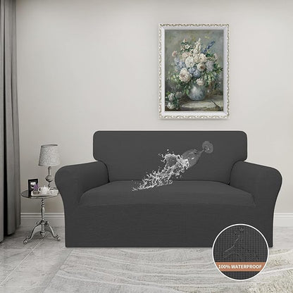 Easy-Going 100% Waterproof Oversized Loveseat Couch Cover, Dual Waterproof Sofa Cover, Stretch Jacquard Sofa Slipcover, Leakproof Furniture Protector for Kids, Pets, Dog and Cat, Dark Gray