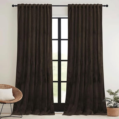 RYB HOME Brown Velvet Curtains 102 inches with Hook Belt, Soft Fabric Room Darkening Thermal Insulated Luxurious Home Decor Curtains for Living Room Bedroom, W 52" x L 102", 2 Panels Set