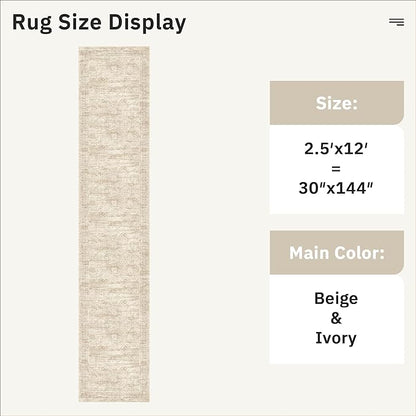 Runner Rug 2'6" x 12' Washable Non-Slip Runner Rugs for Kitchen Bathroom Laundry Room Vintage Ultra Thin Runners for Hallway Entryway Beige