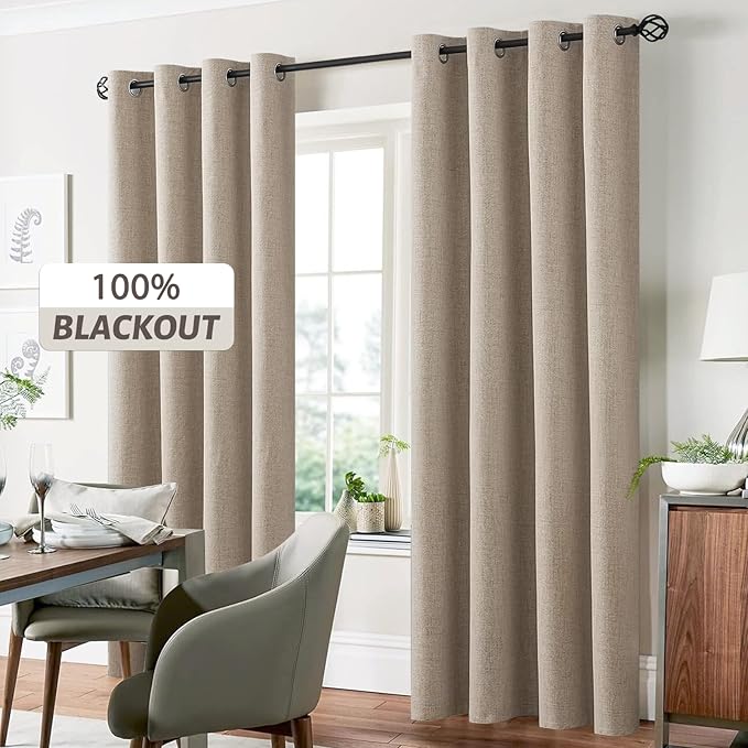 Yakamok Natural Linen Curtains 100% Blackout 63 Inches Long,Room Darkening Textured Curtains for Living Room Thermal Grommet Bedroom Curtains 2 Panels with Greyish White Liner