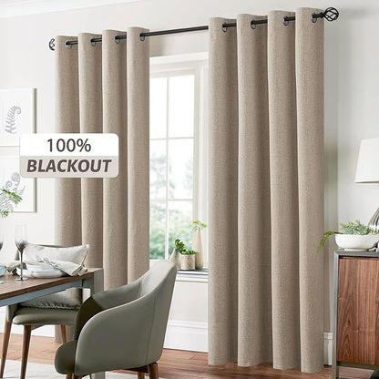 Yakamok Natural Linen Curtains 100% Blackout 63 Inches Long,Room Darkening Textured Curtains for Living Room Thermal Grommet Bedroom Curtains 2 Panels with Greyish White Liner
