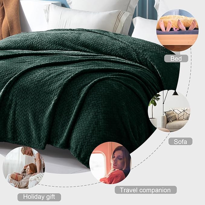 Exclusivo Mezcla Fleece Queen Size Blanket for Bed, 90x90 Inches Soft Cozy Jacquard Flannel Blankets, Lightweight Fuzzy Plush Warm for Women, Forest Green