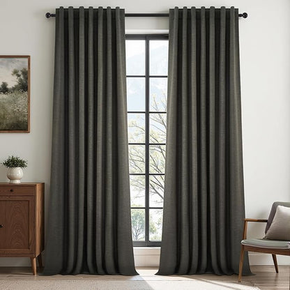 Topfinel 105 Inch Long Linen Blackout Curtains for Bedroom 2 Panels Set Modern Natural Linen Back Tab Pleated Floor to Ceiling Thermal Drapes Hooks Rings 105 in Window Drapes 100% Black Out Dark Gray