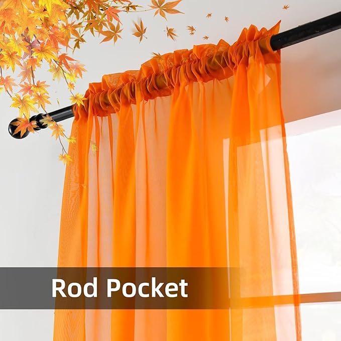 youleyar Solid Sheer Rod Pocket Curtain Voile Draperies 4 Panels White Beige Black Grey Ivory 52 Inch Width 45 Inch Long 1 Pair for Kitchen Bedroom Children Living Room Yard(Orange,52 Wｘ45 L)