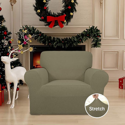 Easy-Going Stretch Chair Sofa Slipcover 1-Piece Couch Sofa Cover Furniture Protector Soft with Elastic Bottom for Kids, Pet. Spandex Jacquard Fabric Small Checks (Chair, Khaki)