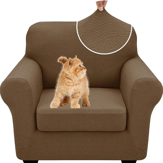 XINEAGE New 2 Pieces Chair Covers with Arms Super Stretch Chair Slipcover for Living Room Pet Dog Universal Slip Cover Anti Slip Armchair Furniture Protector (Brown), 31"-46"(1 Cushion)