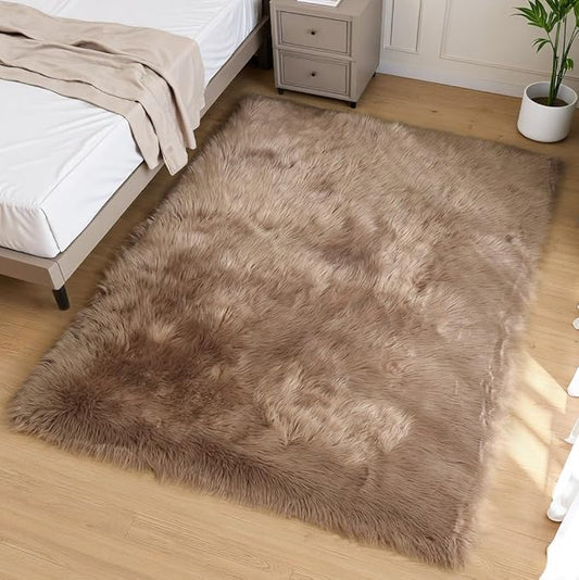 Goolela Area Rug 5x7 - Light Brown Beige - Fluffy Fuzzy Furry Carpet for Bedroom Living Room Faux Sheepskin Fur Shaggy Plush Washable Rectangle