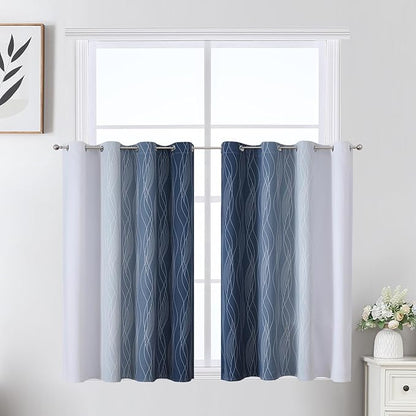 Estelar Textiler Navy Blue and Greyish White Ombre Short Blackout Cafe Curtains 36 Inch Length, Thermal Insulated Grommet Small Half Window Drapes for Kitchen/Basement/RV Camper, 52Wx36L, 2 Panels
