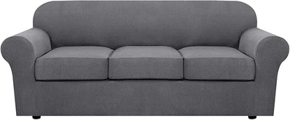 H.VERSAILTEX 4 Piece Stretch Sofa Covers for 3 Cushion Couch Covers for Living Room Furniture Slipcovers (Base Cover Plus 3 Seat Cushion Covers) Upgraded Thicker Jacquard Fabric (Sofa, Grey)