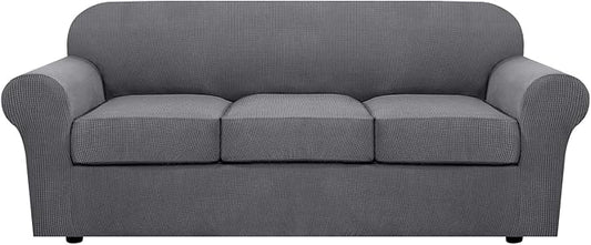 H.VERSAILTEX 4 Piece Stretch Sofa Covers for 3 Cushion Couch Covers for Living Room Furniture Slipcovers (Base Cover Plus 3 Seat Cushion Covers) Upgraded Thicker Jacquard Fabric (Sofa, Grey)