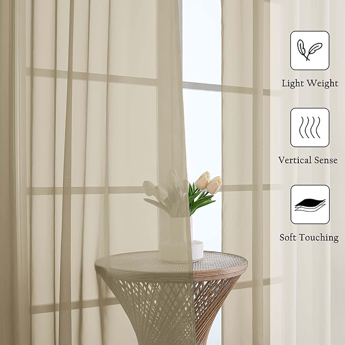 Lecloud Taupe Sheer Curtains 96 Inches Long 2 Panels Set, Home Decor Light Filtering Airy Solid Color Drapes, Dual Rod Pocket Living Room Curtains for Bedroom Dining Room, Each Panel 59" W x 96" L