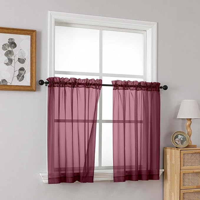 Burgundy Small Sheer Curtains 2 Panels Set, Kitchen Curtains 36 Inch Length, Elegant Light Filtering Short Window Drapes for Living Room Bedroom, Dual Rod Pocket Design, 2x42Wx36L Inches
