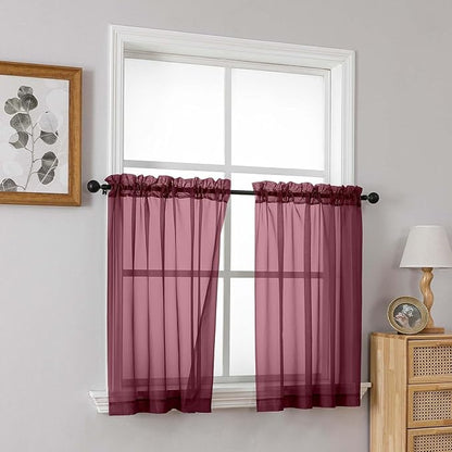Burgundy Small Sheer Curtains 2 Panels Set, Kitchen Curtains 36 Inch Length, Elegant Light Filtering Short Window Drapes for Living Room Bedroom, Dual Rod Pocket Design, 2x42Wx36L Inches