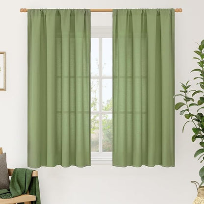 LAMIT 54 Inch Linen Curtains 2 Panels, Soft Faux Linen Light Filtering Panels Rod Pocket Farmhouse Privacy Drapes for Small Window/Loft Room, 42 x 54 Inch, Green