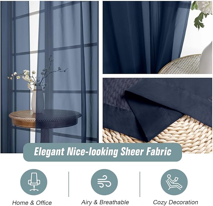 Navy Blue Sheer Curtains 84 Inches Long 2 Panels, Elegant Airy Transparent Light Filtering Window Curtains, Window Drapes for Living Room Bedroom, Top Dual Rod Pocket Design, 2x42Wx84L Inches