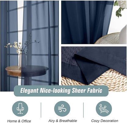 Navy Blue Sheer Curtains 84 Inches Long 2 Panels, Elegant Airy Transparent Light Filtering Window Curtains, Window Drapes for Living Room Bedroom, Top Dual Rod Pocket Design, 2x42Wx84L Inches