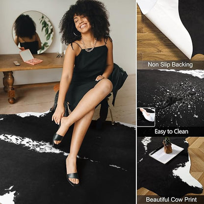 AROGAN Premium Faux Cowhide Rug 158 x 140 cm/5.2 x 4.6 feet, Durable and Large Size Cow Print Rugs, Suitable for Bedroom Living Room Western Decor, Faux Fur Animal Cow Hide Carpet, Black