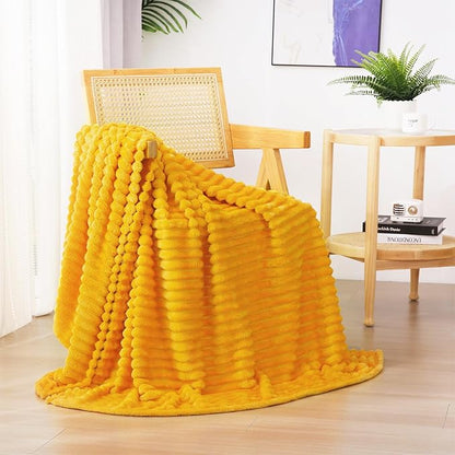 Yellow Fleece Throw Blanket 50”×60” for Couch Sofa Bed,Super Soft Cozy Plush Microfiber Flannel Blanket with 3D Stripes Lightweight for Adults,Woman,Girls,Gold
